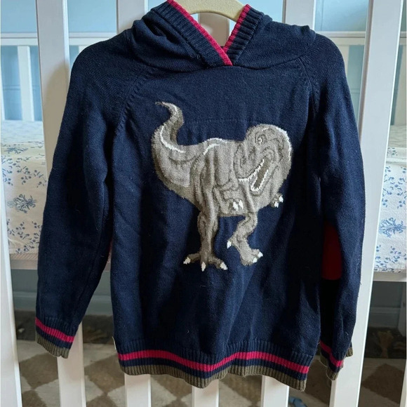 Rorie Whelan knit sweater boys toddler hoodie trex dinosaur elbow patches navy - Picture 1 of 5